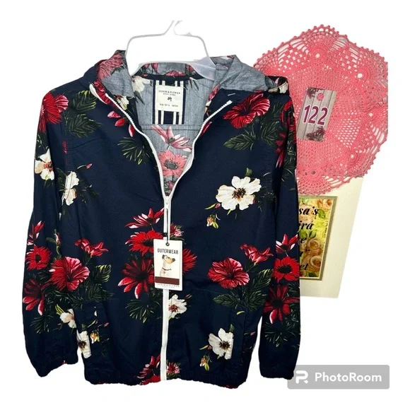 NWT Denim&Flower Ricky Singh Kids Navy Tropical Floral Hoodie Jacket Kids