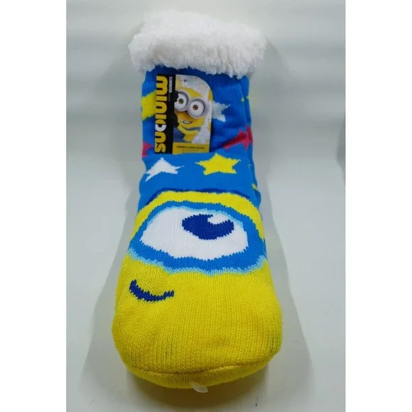 Minions‎ Sherpa Lined Socks One Size Blue Yellow Slipper Non Slip Warm