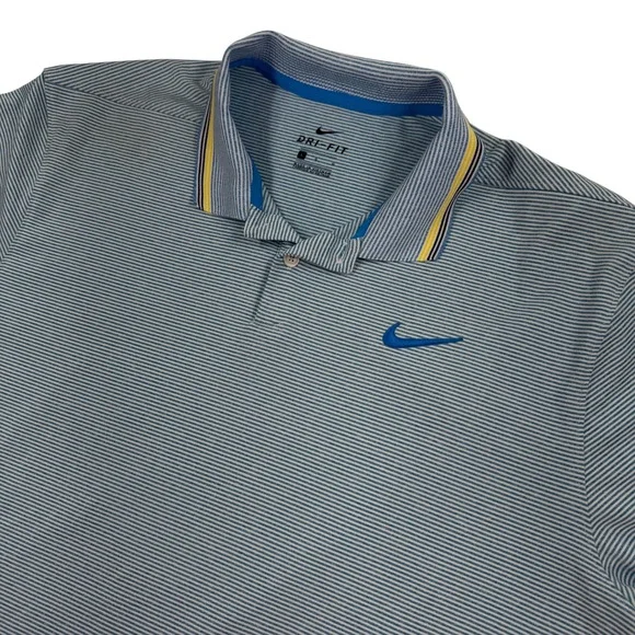 Nike Dri-FIT Polo Shirt Mens Lg Blue Striped Golf Performance Casual Sporty
