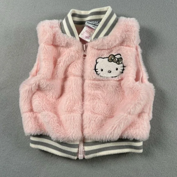 Hello‎ Kitty Vest Sanrio Pink Girls Size 12 Month Soft Fur Sequins Zipper Close