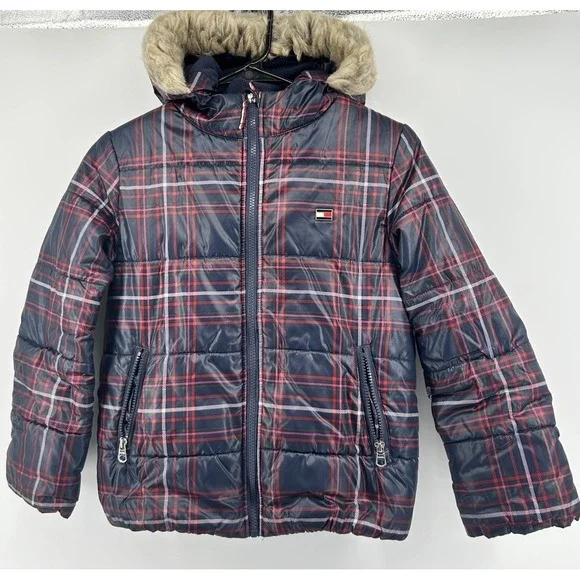 Tommy Hilfiger Plaid Pullover Coat With Fur Trim Hood Blue Red Girls Medium 8/10