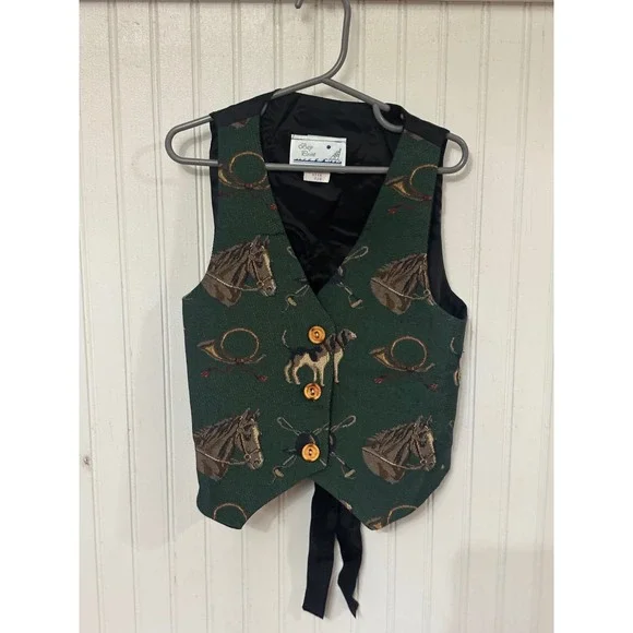 Kids Bay Point‎ Horse Dog Horn Tapestry Vest Green Button Front Size 7/8 Vintage