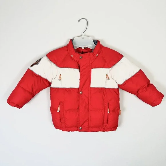 NELS Kids Red‎ White Puffer Down Feather Winter Ski Jacket 2T Outdoor Snowy