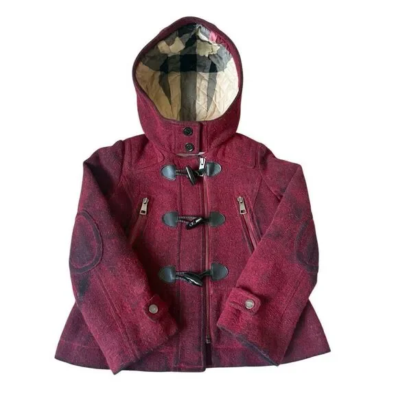 Burberry Girls Wool Blend Pea Coat size 8 Y Toggle Closure Red Nova Check Lined