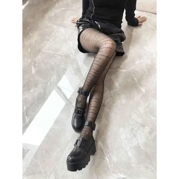 Shakespeare Sonnet Text Printed Tights Black Sheer Nylon Pantyhose Hosiery NEW