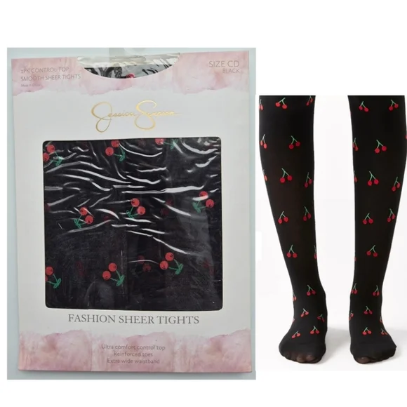 Jessica Simpson Black Sheer Tights with Red Cherry Design
