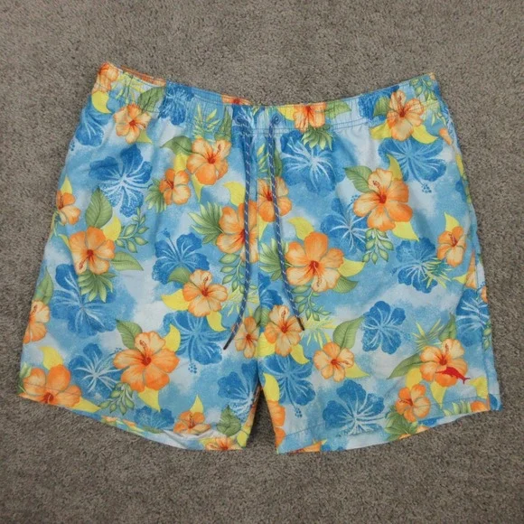 Tommy Bahama Swim Trunks Mens XL Blue Floral Hawaiian Shorts Bathing Suit Beach