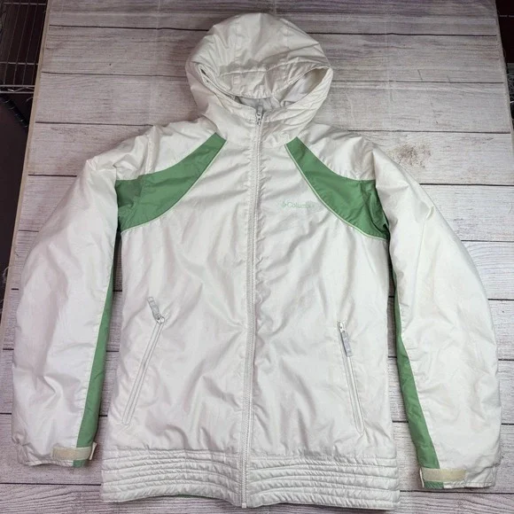 Columbia Youth 18/20 Hooded Winter‎ Coat Jacket White Green Fleece Lined READ