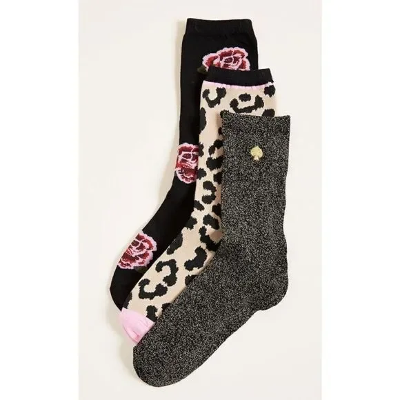Kate Spade Crew Socks 3 Pairs Leopard Cheetah Rose Flowers Shimmer Sparkle OS