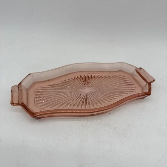Vintage Pink Depression Glass Tab Handle Starburst Deco Platter Vanity Tray A943