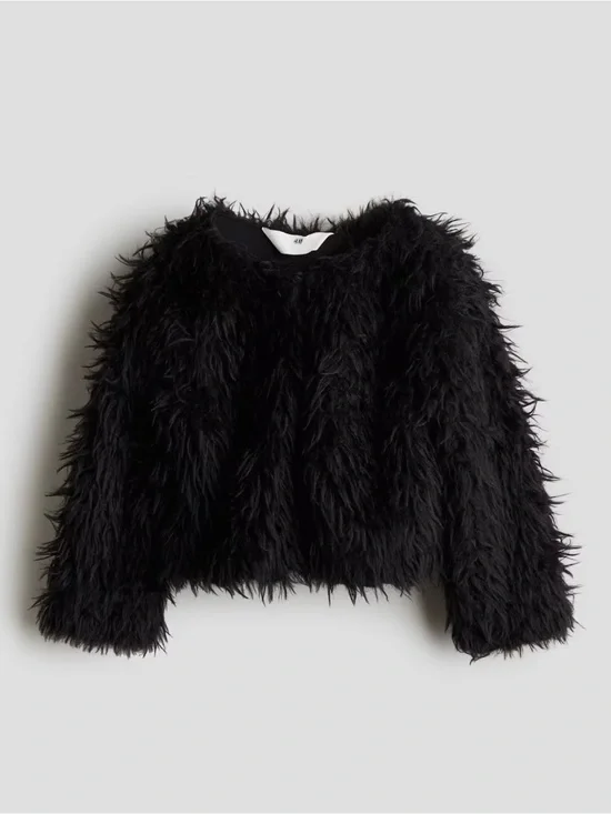 H&M Girls Ivory Black Fur Shaggy Jacket Coat Size US5T/6 UK4-6Y