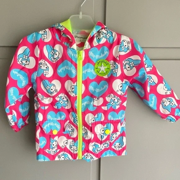 Cute Girls Size Large Zip Up Jacket With Pockets, Hood, And Cartoon Heart Design