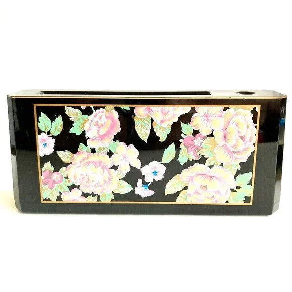 Vintage Otagiri Black Lacquer Peony Flower Pen Pencil Paper Holder Desk Set