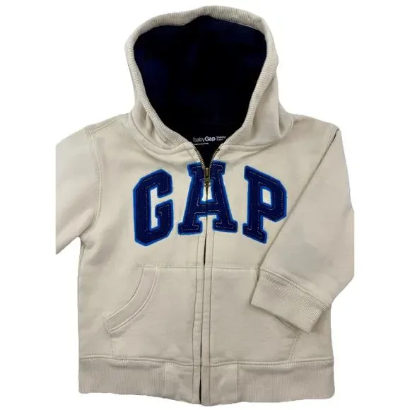 babyGap Toddler 3T Cream Zip Hoodie Blue Logo Letters Fleece‎ Lined EUC