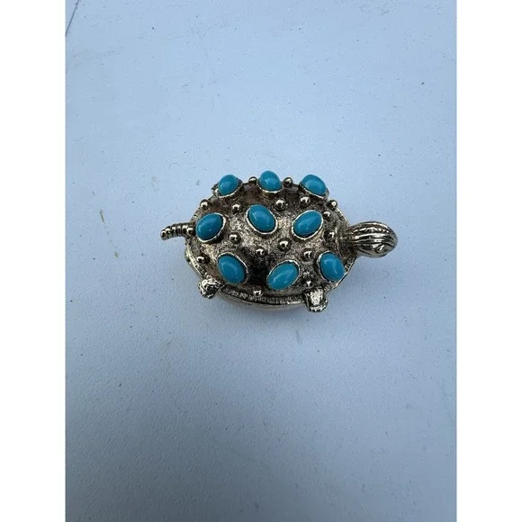 VTG Turtle Pill Box/trinket Box Silver Tone With Faux Turquoise Opens On Hinge‎