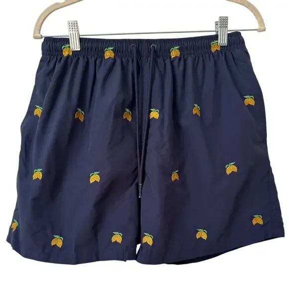 Warren Webber Navy Blue Lemon Embroidered Swim Trunks Men’s Size XL