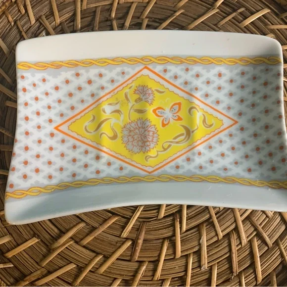 Vintage Rectangular China Soap Tray, white, yellow, orange, brown, butterfly