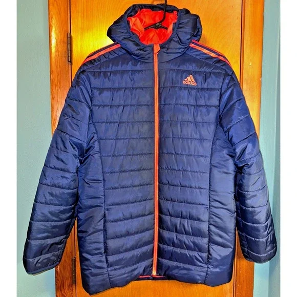 adidas Boys‎ XL 18/20 Navy Blue Orange Hooded Puffer Jacket Coat
