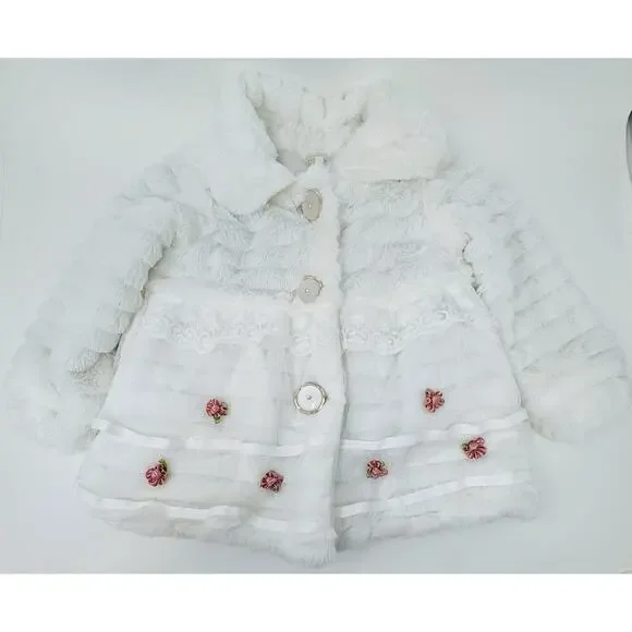 EUC toddler‎ girl fancy coat.,Faux Fur Tiers Lace Flowers, Cute Buttons.Size 10