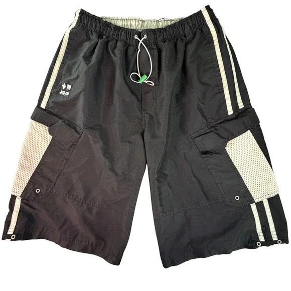 Mens Black Cargo Athletic Shorts Mesh Accents Drawstring‎ Size M Board Shorts