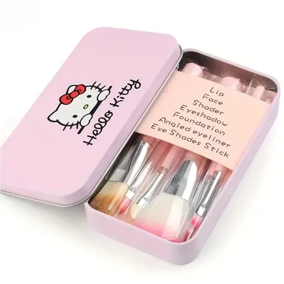 Hello Kitty 7pcs Makeup Brush Set Case Eye Blending Blush & Highlighter Brushes