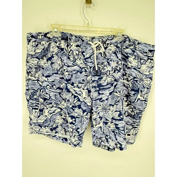 Crown & Ivy Swim Trunks Mens XL Blue Tropical Scenic Palm Tree Print Shorts