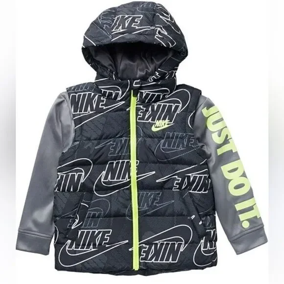 Nike‎ Boys Logo Print Black/Volt Size 4-5 Small Therma Padded Mock Vest Jacket