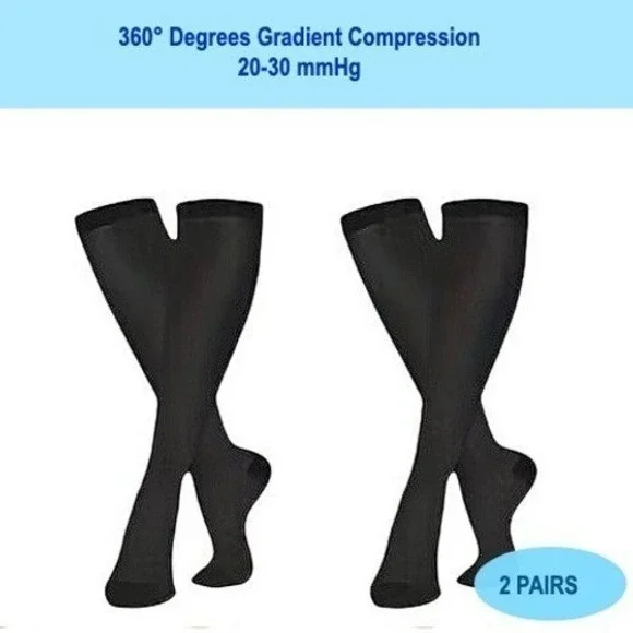 Unisex 20-30 mmHg Compression Socks L/XL Knee High Medical Black Rib 2 Pack NEW