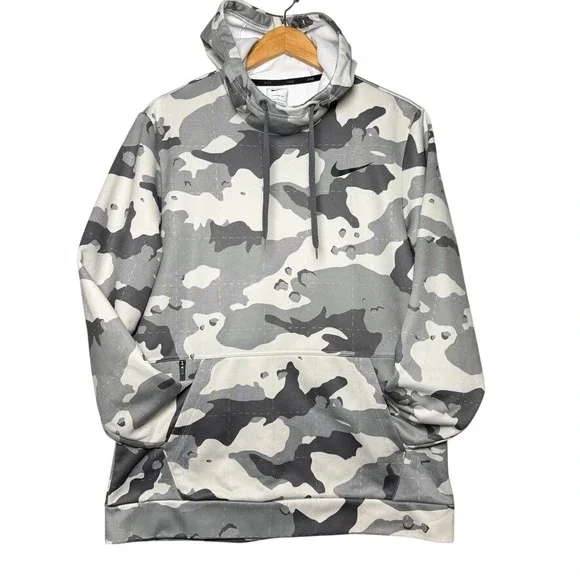 Nike Therma-FIT AOP Camo Hoodie Mens Large Gray White Fleece Pullover DQ4842-073
