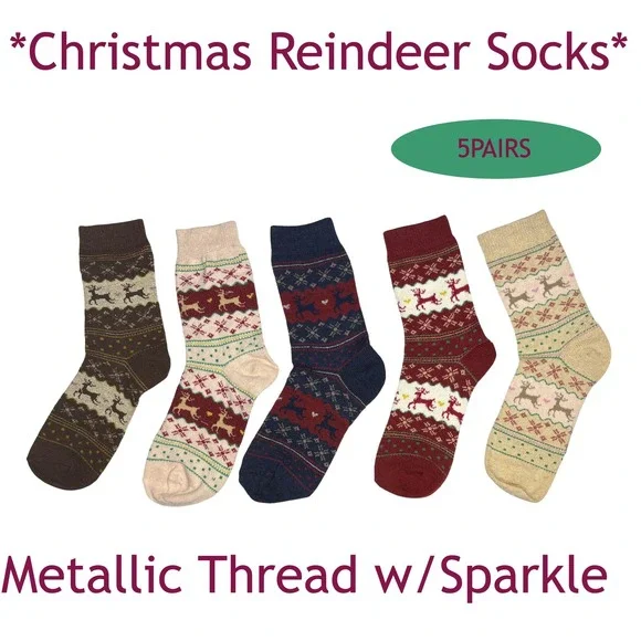 Winter Fashion Novelty Christmas Reindeer Retro Socks‎ 5pc Pack Warm Thick