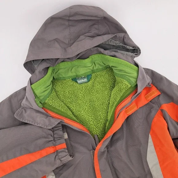 L.L. Bean Winter Jacket Kids M 10-12 Grey Orange Hooded Sherpa Lined Fleece