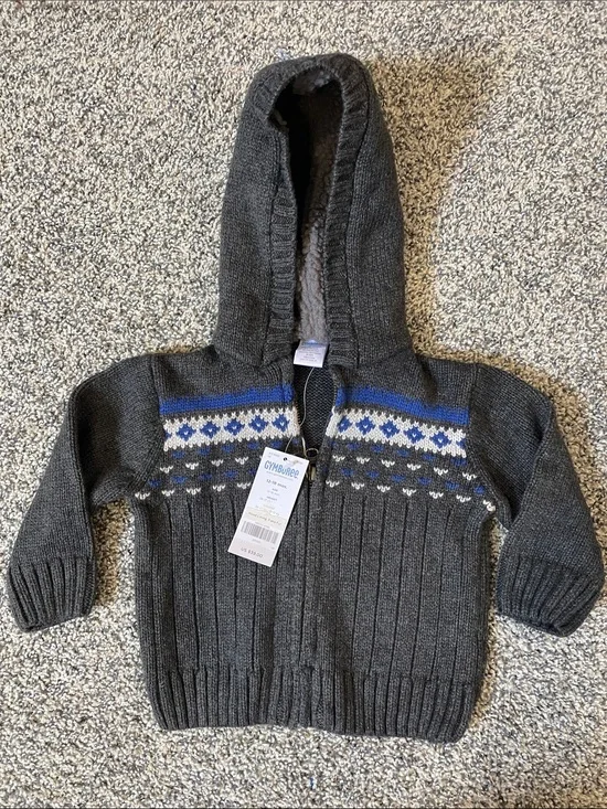 Gymboree Dark Gray Hooded Knit Zip Jacket 12-18m NWT