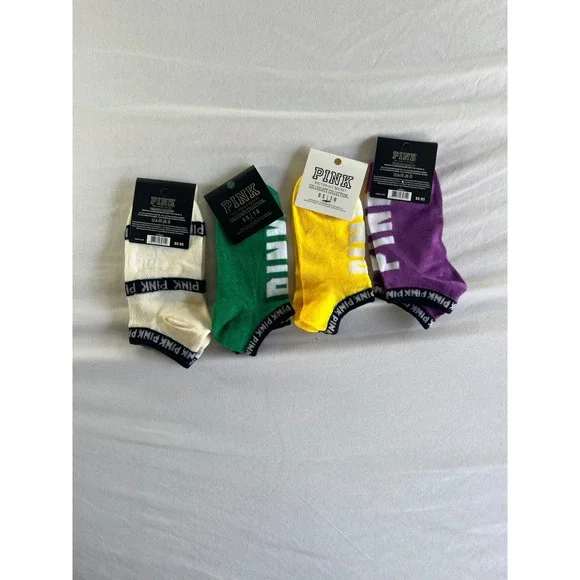 Victoria's Secret PINK Collegiate Ankle Socks 4 Pack NWT Multicolor Logo OSITU
