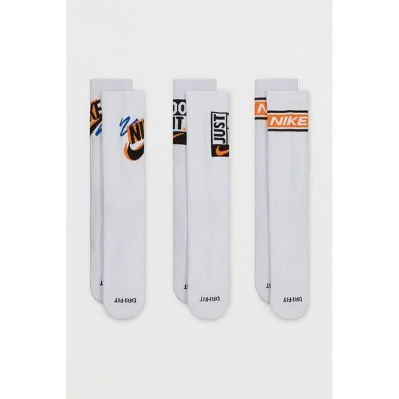 NIKE Everyday Plus 3 Pack Crew Socks White Medium UNISEX M 6-8/W 6-10 Logo NWT