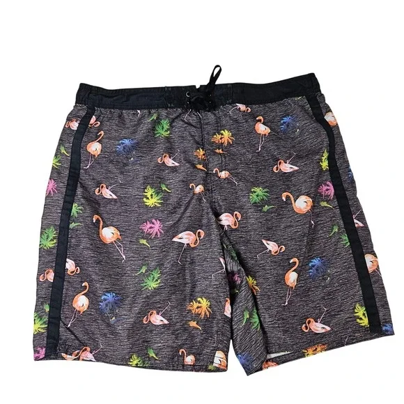 Joe Boxer Swim Trunks Flamingo Tropical Print Gray XL Board Shorts Beach Summer