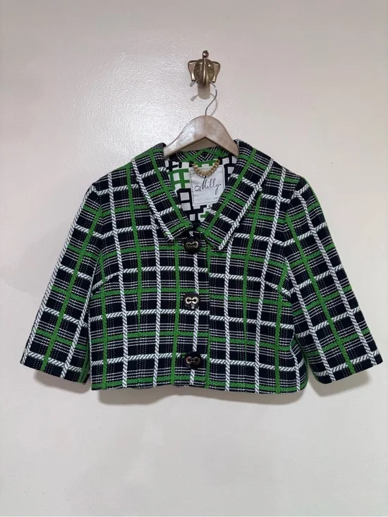 Milly of NY Vintage 100% Cotton Women’s Green Plaid Cropped Blazer Jacket sz 10