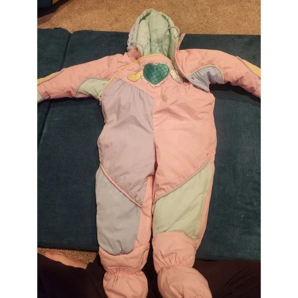 Arctic Racer Baby Snowsuit Bunting Pink Pastel Heart Patch‎ 24 Months vintage