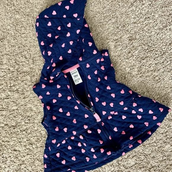 Carters Baby Girls Navy Blue Pink Hearts Quilted Hooded‎ Vest I Size 18M