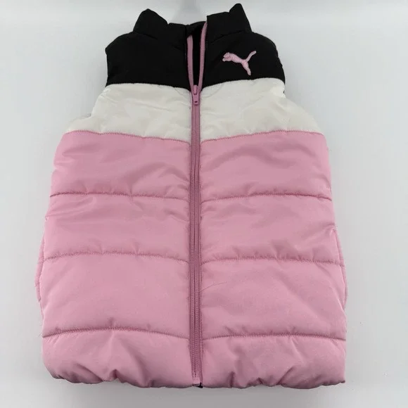 Puma Girls Youth Size‎ 4 Vest Puffer Jacket Black White Pink Logo Full Zip Warm