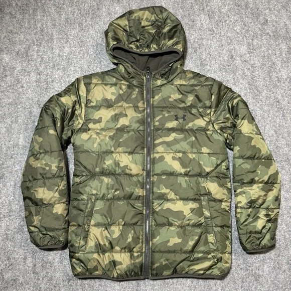Under Armour Storm Jacket Youth‎ L Green Camo Hooded Puffer Full Zip Reversible