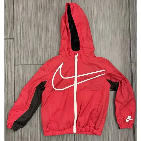 Nike Boy's Fleece Lined Windbreaker Red/Black Jacket Size XS (4) Hooded