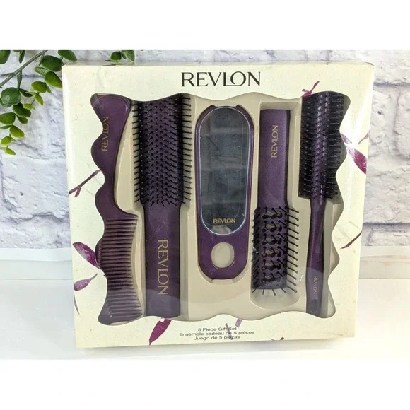 NIB 90s😍Vintage Revlon Styling Set Hair Brushes & Combs Purple Mirror Gift Set