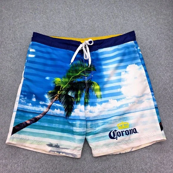 Corona Extra Tropical Palm Tree Beach Swim Trunks Men's Size‎ Large Board Shorts
