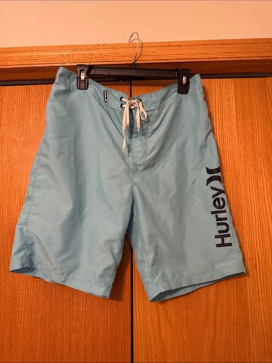 Hurley Men's Light Blue Swim Board Shorts with Side Logo