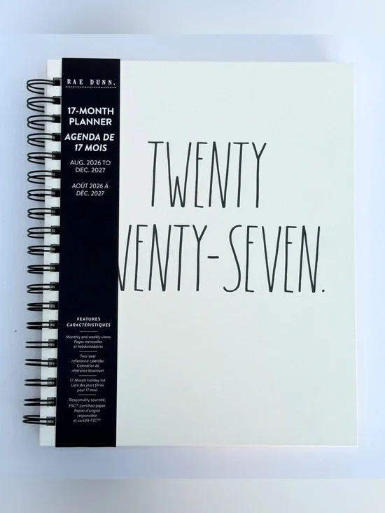 Rae Dunn 2027 Hard Cover Planner 17-month TWENTY TWENTY-SEVEN (Black/Ivory)