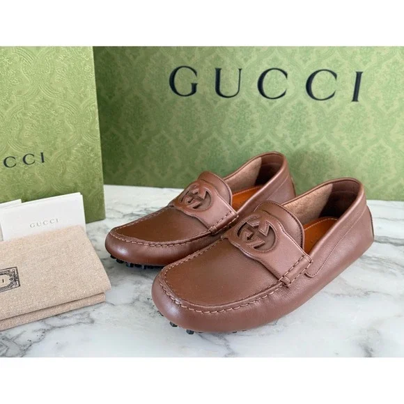 GUCCI 730148 MOCCASIN BROWN LEATHER INTERLOCKING G DRIVERS SHOES MENS UK 6.5