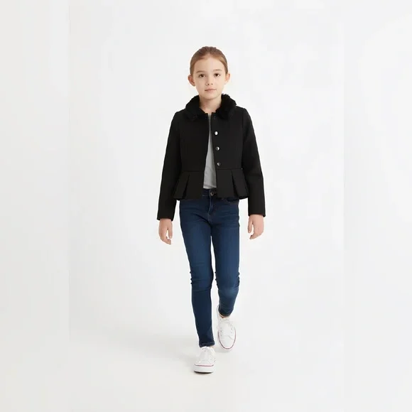 Kids Black Jacket with Faux Fur Collar