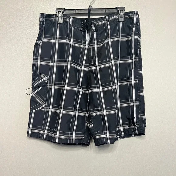 Hurley Mens Black White Plaid Board Shorts Swim Trunks Size 34 MBS0000750
