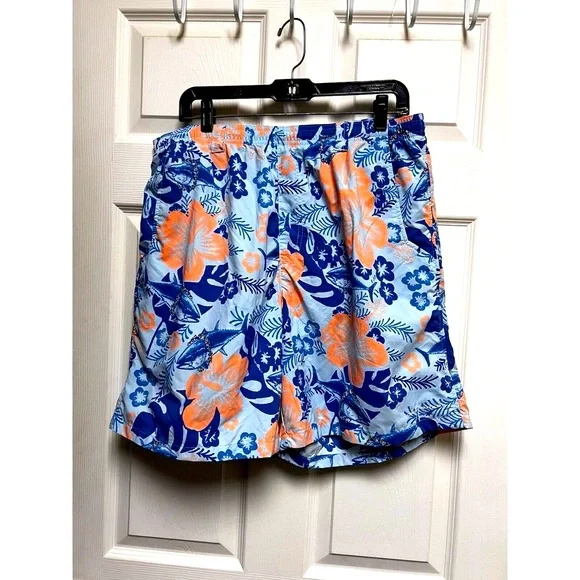 Columbia PFG Mens Large Blue Orange Floral Marlin Swim Trunks‎ Fishing Shorts