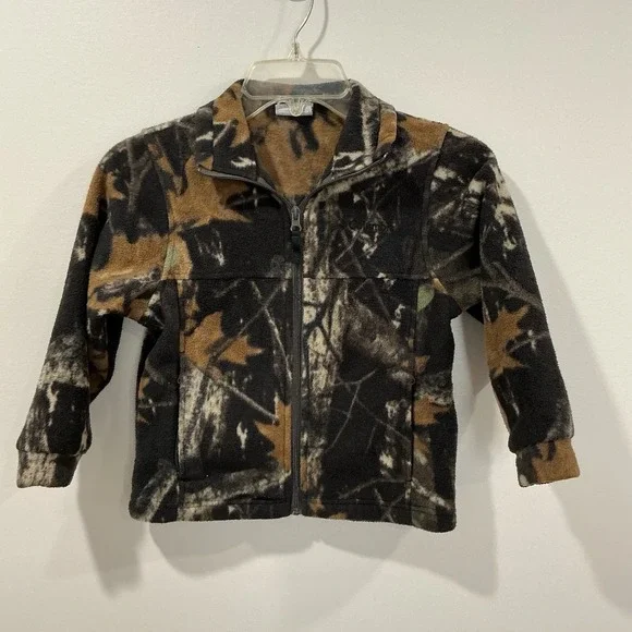 Columbia Camo Fleece Hunting Jacket Youth 6 / 7 Full Zip Black Logo Pockets Coat